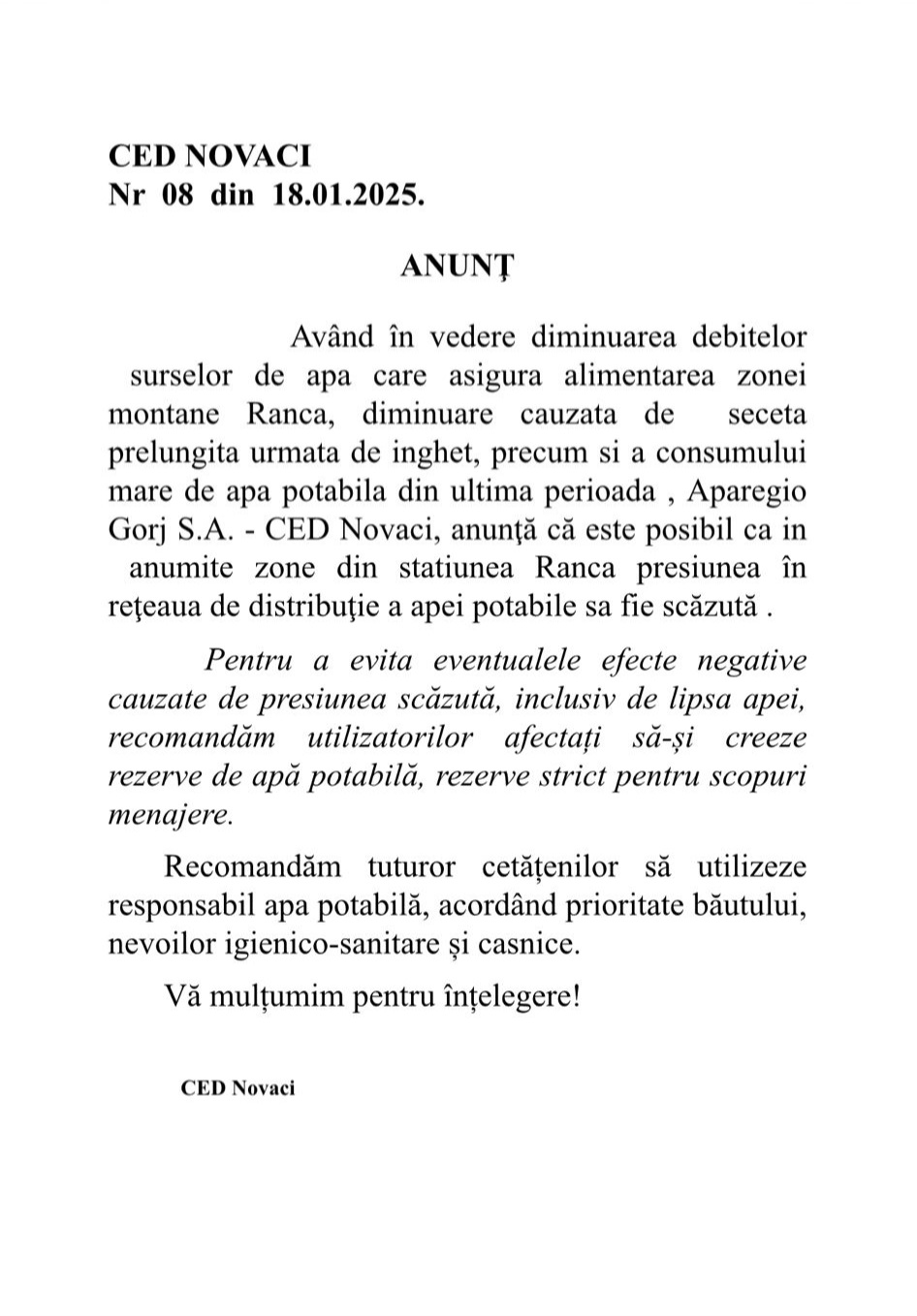 Probleme cu presiunea apei și în stațiunea Rânca