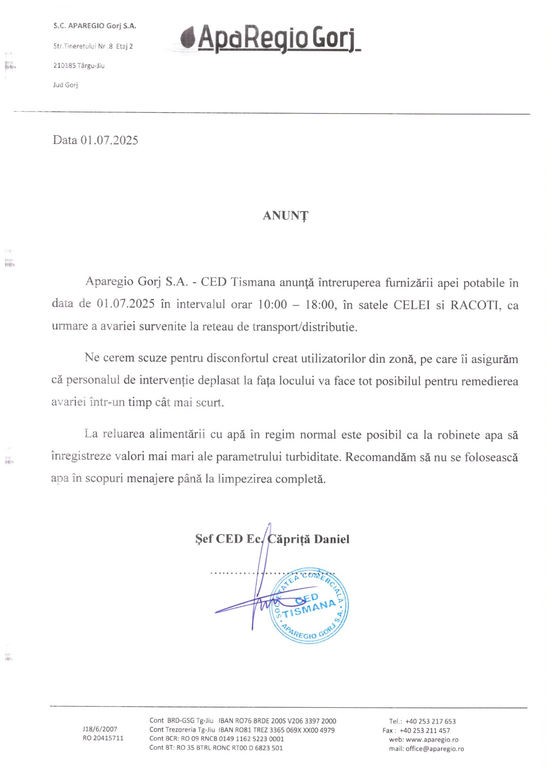 Apă sistată în două sate din Tismana