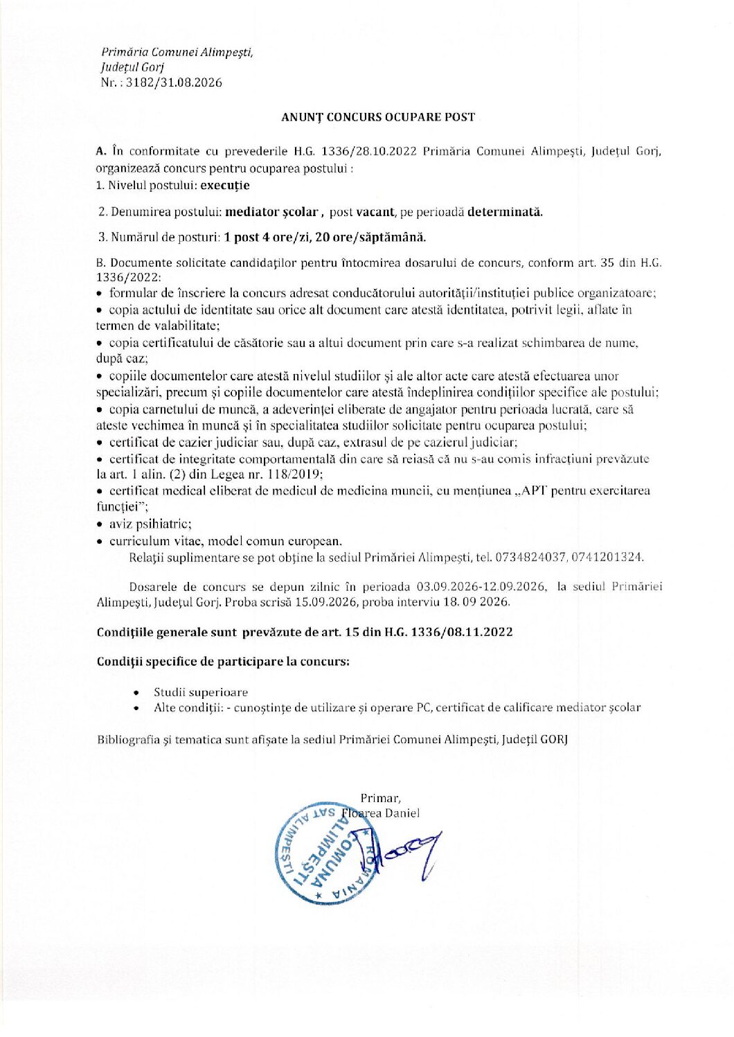 ANUNȚ ANGAJARE PRIMĂRIA ALIMPEȘTI