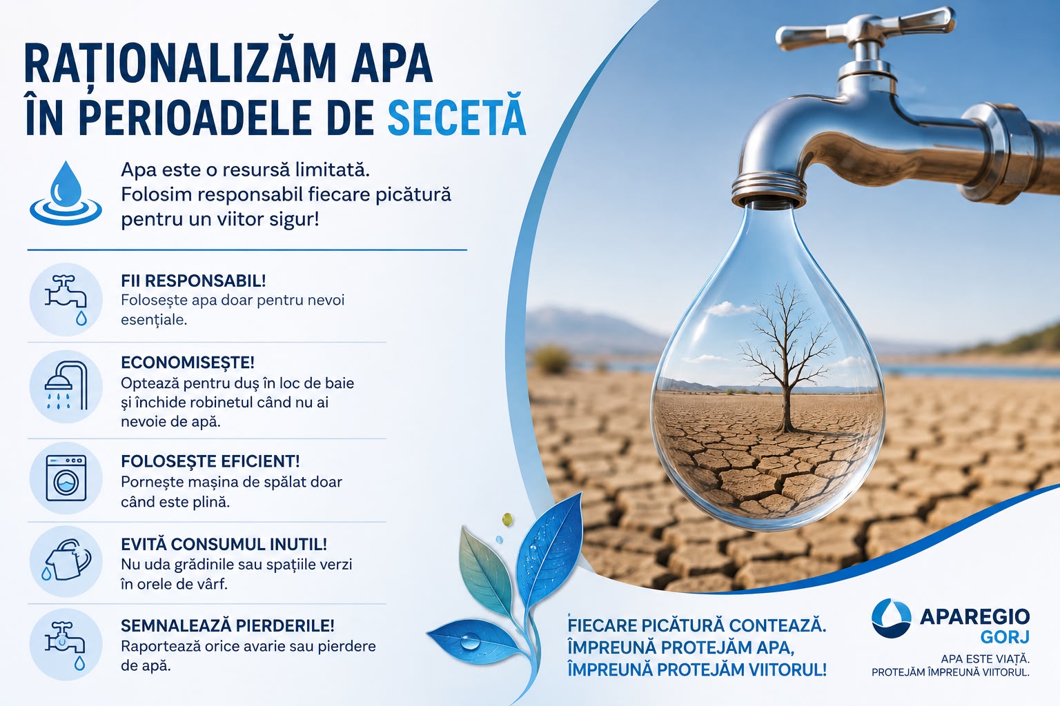 ANUNȚ IMPORTANT PRIVIND UTILIZAREA RAȚIONALĂ A APEI POTABILE
