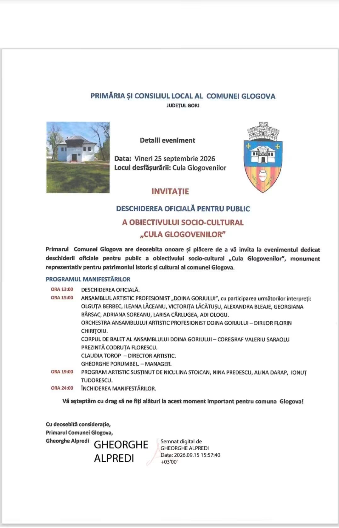 Când va fi inaugurată cula din Glogova